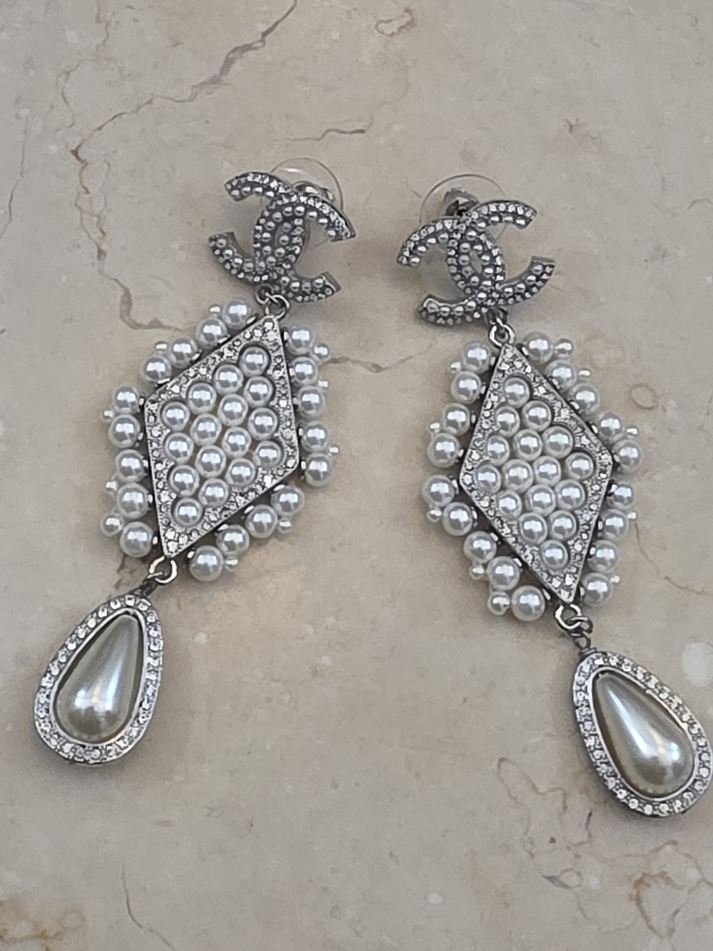 CHANEL Silver-Tone Pearl and Crystal Drop Earrings